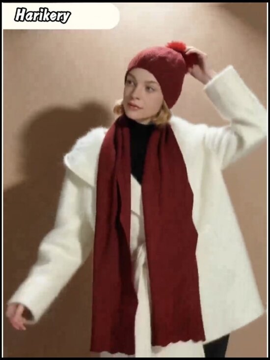Wool Blend Beanie & Scarf Set with Detachable Pom Pom, Winter Hat Scarf Set